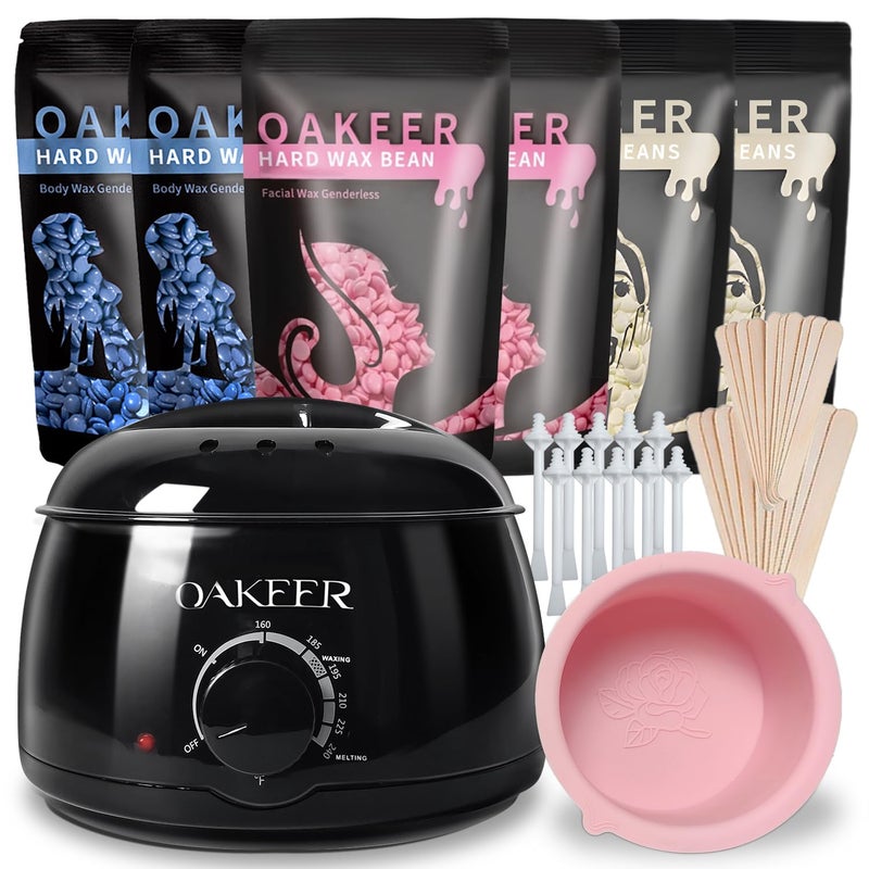 Oakeer Waxing Kit for Women Men, Wax Pot Machine, Wax Warmer for Hair Removal At Home With 6 Bags Beans, Body Waxing For Eyebrows Nose Cheeks Arms Bikinis Legs - Image 1